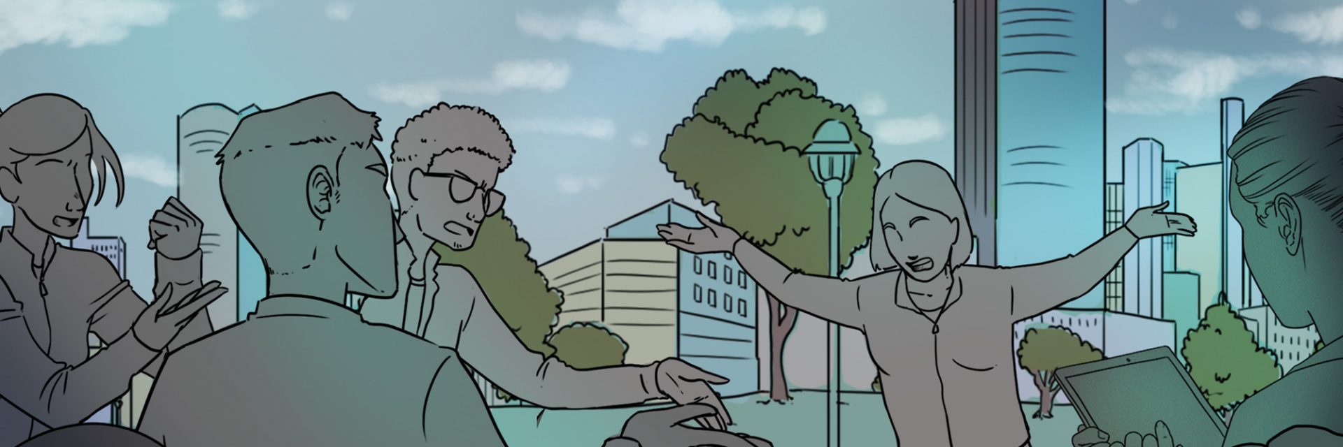 Screenshot aus dem Spiel Canvas City, Menschenmenge diskutiert