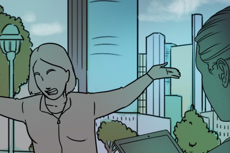 Screenshot aus dem Spiel, ein Mädchen diskutiert, ein Mädchen mit Tablet