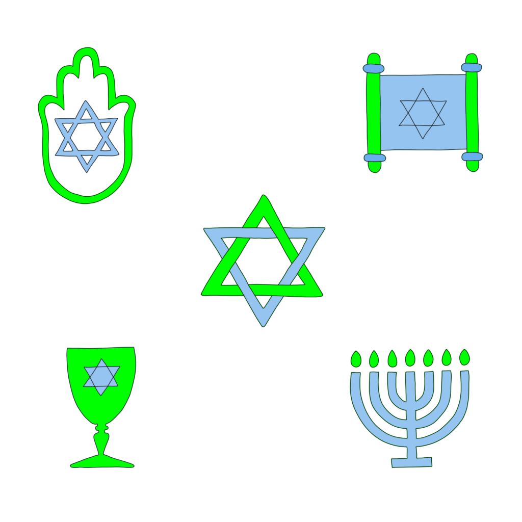 Auf dem Bild sind fünf Symbole abgebildet, die das Judentum darstellen. 
oben links die Die Hamsa-Hand (auch Hand der Fatima oder Mirjams Hand), oben rechts eine Thora Rolle von links nach rechts aufgerollt,
in der Mitte ein David Stern, unten link ein Kidduschbecher mit Davidstern und unten Rechts ein siebenarmiger Menora-Kerzenständer.
Die Symbole sind in grün und blau koloriert.
